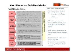 05.12.2007 Global Sourcing und Global Delivery, IIR IT Controlling Forum 3434
Abschätzung von Projektaufwänden
ESTIMATION VERIFICATION
 TechM uses Industry standard
Estimation Methods , e.g.
• Function Point Analysis by IFPUG
method
• Use case point
 Effort Variance between the
Estimated & Actual efforts, is one
of the Quality Goals set by the
project
 Effort variance, at each phase is
monitored and analyzed at project
level
 Re-estimate at the end of design
phase / major CR
 Organization Process capability
baseline is published for effort
variance
 