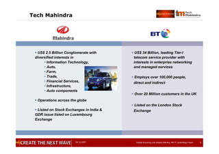 05.12.2007 Global Sourcing und Global Delivery, IIR IT Controlling Forum 5
Tech Mahindra
 US$ 34 Billion, leading Tier-I
telecom service provider with
interests in enterprise networking
and managed services
 Employs over 100,000 people,
direct and indirect
 Over 20 Million customers in the UK
 Listed on the London Stock
Exchange
 US$ 2.5 Billion Conglomerate with
diversified interests in
• Information Technology,
• Auto,
• Farm,
• Trade,
• Financial Services,
• Infrastructure,
• Auto components
 Operations across the globe
 Listed on Stock Exchanges in India &
GDR issue listed on Luxembourg
Exchange
 