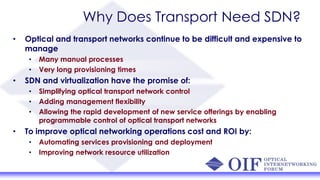 Why Does Transport Need SDN?
• Optical and transport networks continue to be difficult and expensive to
manage
• Many manual processes
• Very long provisioning times
• SDN and virtualization have the promise of:
• Simplifying optical transport network control
• Adding management flexibility
• Allowing the rapid development of new service offerings by enabling
programmable control of optical transport networks
• To improve optical networking operations cost and ROI by:
• Automating services provisioning and deployment
• Improving network resource utilization
 