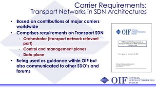 Carrier Requirements:
Transport Networks in SDN Architectures
• Based on contributions of major carriers
worldwide
• Comprises requirements on Transport SDN
• Orchestrator (transport network relevant
part)
• Control and management planes
• Data plane
• Being used as guidance within OIF but
also communicated to other SDO’s and
forums
 
