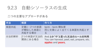 9.2.3 自動シソーラスの生成
二つの主要なアプローチがある
手法 概要 作り方
単語共起 定義1：2つの単語
が類似した単語と
共起する場合
term - term 類似度
同じ文章によく出てくる単語を共起とす
る
分法的解析 2つの単語が文法的
関係にある場合
And とか”や”と言った文法のルールを利用
You can harvest, peel, eat, prepare, etc.
apples and pears,
 