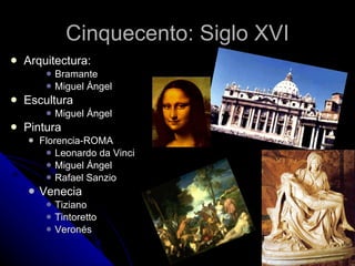Cinquecento: Siglo XVI Arquitectura: Bramante Miguel Ángel Escultura Miguel Ángel Pintura Florencia-ROMA Leonardo da Vinci Miguel Ángel Rafael Sanzio Venecia Tiziano Tintoretto Veronés 