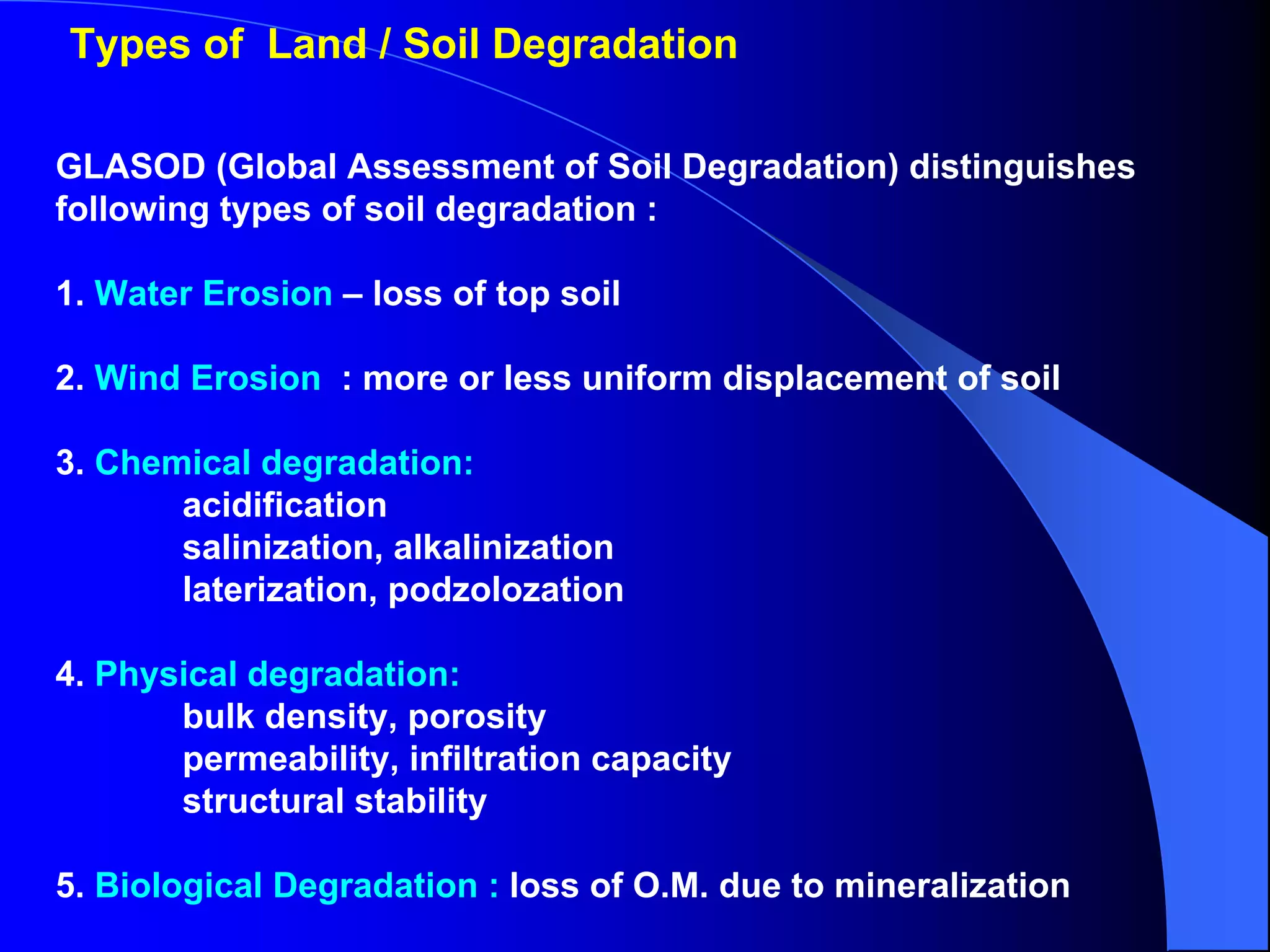 Types of Land / Soil Degradation

GLASOD (Global Assessment of Soil Degradation) distinguishes
following types of soil degradation :

1. Water Erosion – loss of top soil

2. Wind Erosion : more or less uniform displacement of soil

3. Chemical degradation:
       acidification
       salinization, alkalinization
       laterization, podzolozation

4. Physical degradation:
       bulk density, porosity
       permeability, infiltration capacity
       structural stability

5. Biological Degradation : loss of O.M. due to mineralization
 