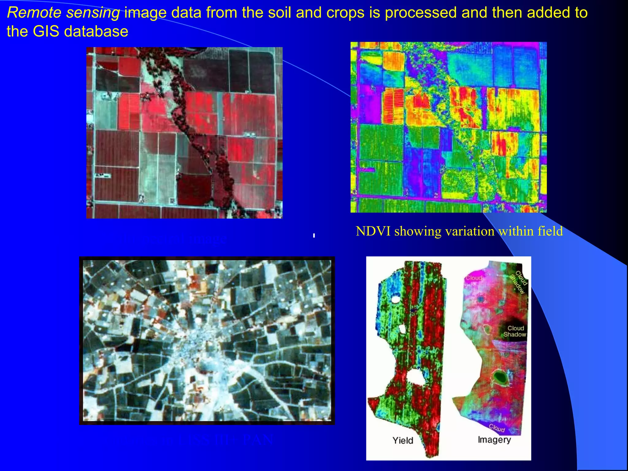 Remote sensing image data from the soil and crops is processed and then added to
the GIS database




                                                NDVI showing variation within field
    IKONOS Multispectral image




      Field boundaries in LISS III+ PAN
 