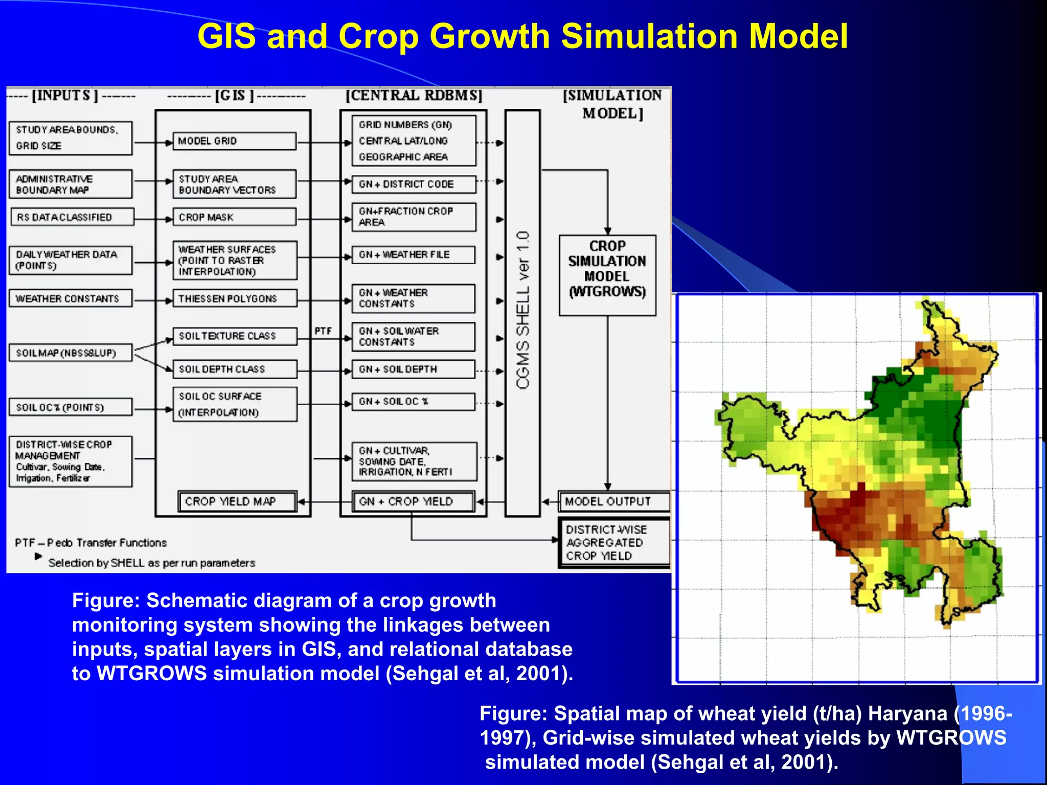 GIS and Crop Growth Simulation Model




Figure: Schematic diagram of a crop growth
monitoring system showing the linkages between
inputs, spatial layers in GIS, and relational database
to WTGROWS simulation model (Sehgal et al, 2001).
                                           Figure: Spatial map of wheat yield (t/ha) Haryana (1996-
                                           1997), Grid-wise simulated wheat yields by WTGROWS
                                            simulated model (Sehgal et al, 2001).
 