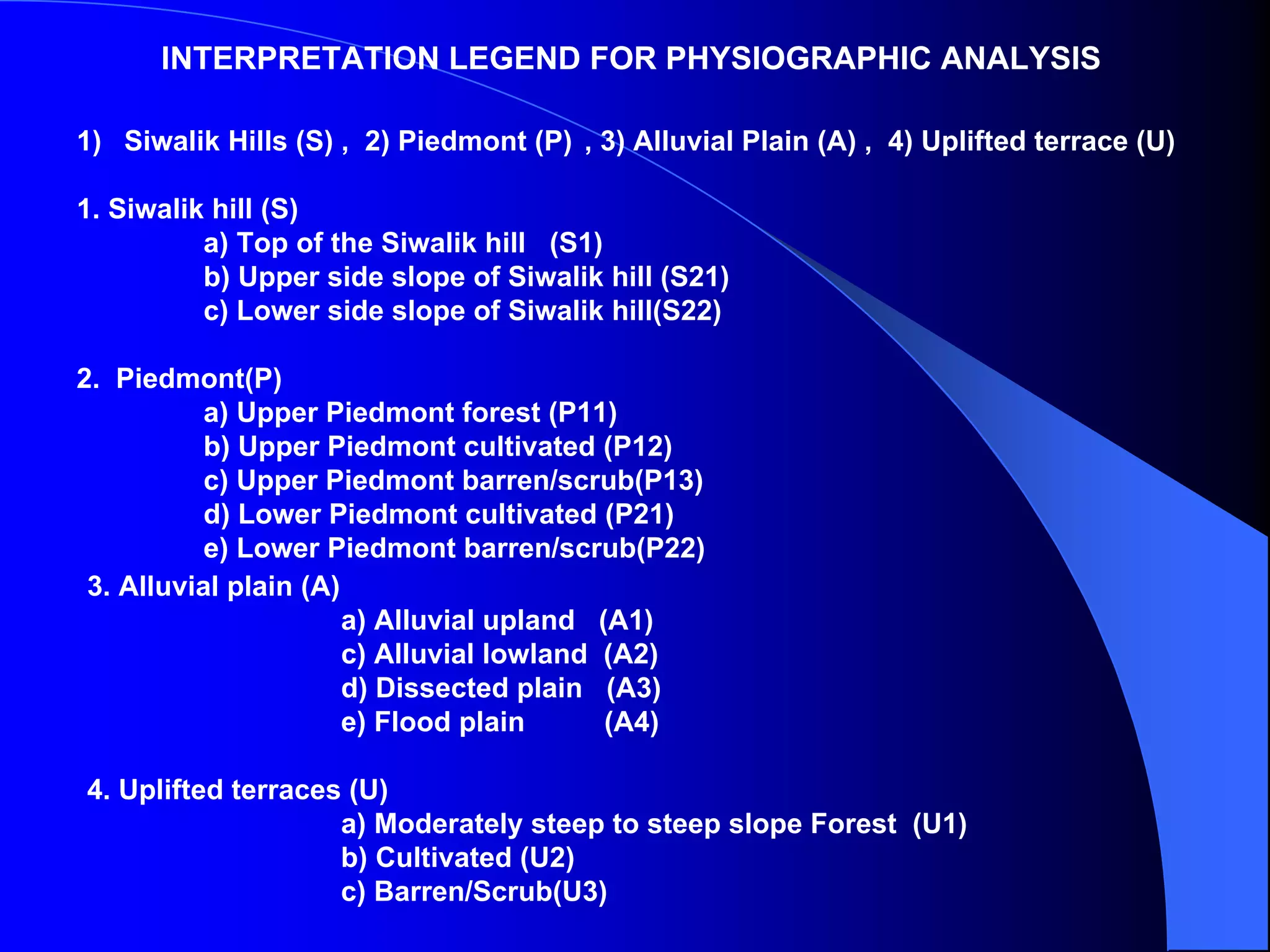 INTERPRETATION LEGEND FOR PHYSIOGRAPHIC ANALYSIS

1) Siwalik Hills (S) , 2) Piedmont (P) , 3) Alluvial Plain (A) , 4) Uplifted terrace (U)

1. Siwalik hill (S)
          a) Top of the Siwalik hill (S1)
          b) Upper side slope of Siwalik hill (S21)
          c) Lower side slope of Siwalik hill(S22)

2. Piedmont(P)
           a) Upper Piedmont forest (P11)
           b) Upper Piedmont cultivated (P12)
           c) Upper Piedmont barren/scrub(P13)
           d) Lower Piedmont cultivated (P21)
           e) Lower Piedmont barren/scrub(P22)
 3. Alluvial plain (A)
                       a) Alluvial upland (A1)
                       c) Alluvial lowland (A2)
                       d) Dissected plain (A3)
                       e) Flood plain      (A4)

4. Uplifted terraces (U)
                    a) Moderately steep to steep slope Forest (U1)
                    b) Cultivated (U2)
                    c) Barren/Scrub(U3)
 