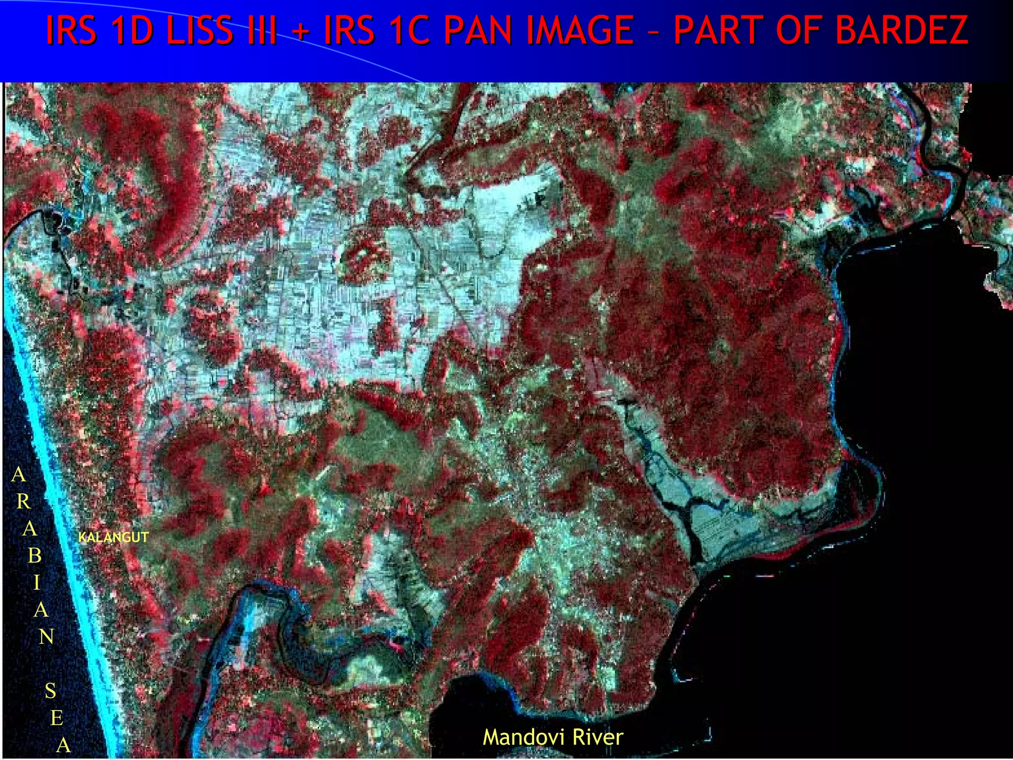 IRS 1D LISS III + IRS 1C PAN IMAGE – PART OF BARDEZ




A
R
 A      KALANGUT
  B
  I
  A
   N

   S
   E
    A                      Mandovi River
 