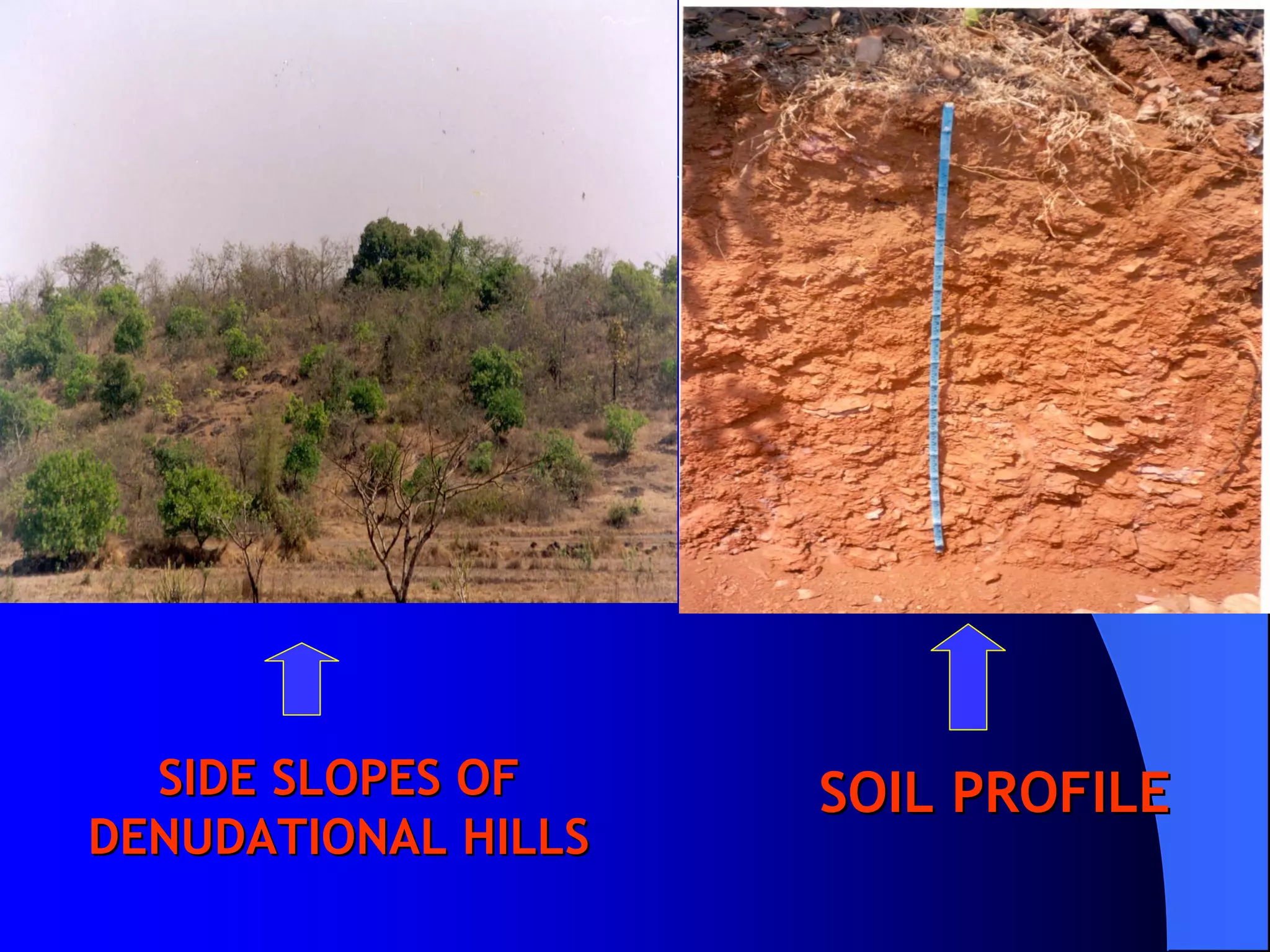 SIDE SLOPES OF     SOIL PROFILE
DENUDATIONAL HILLS
 