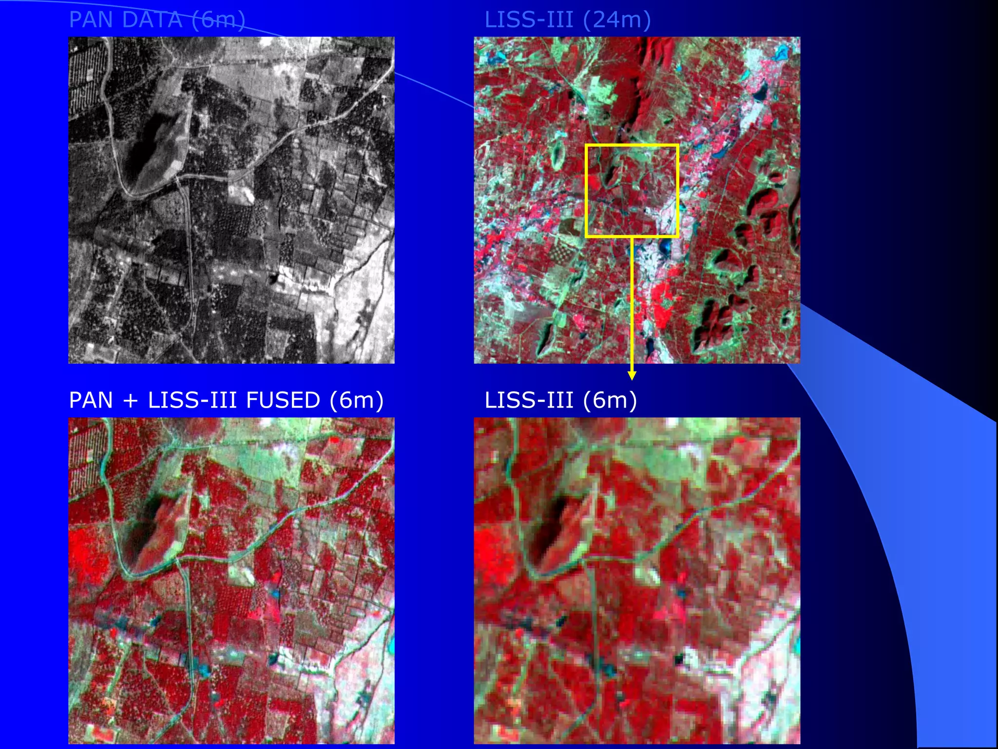 PAN DATA (6m)               LISS-III (24m)




PAN + LISS-III FUSED (6m)   LISS-III (6m)
 