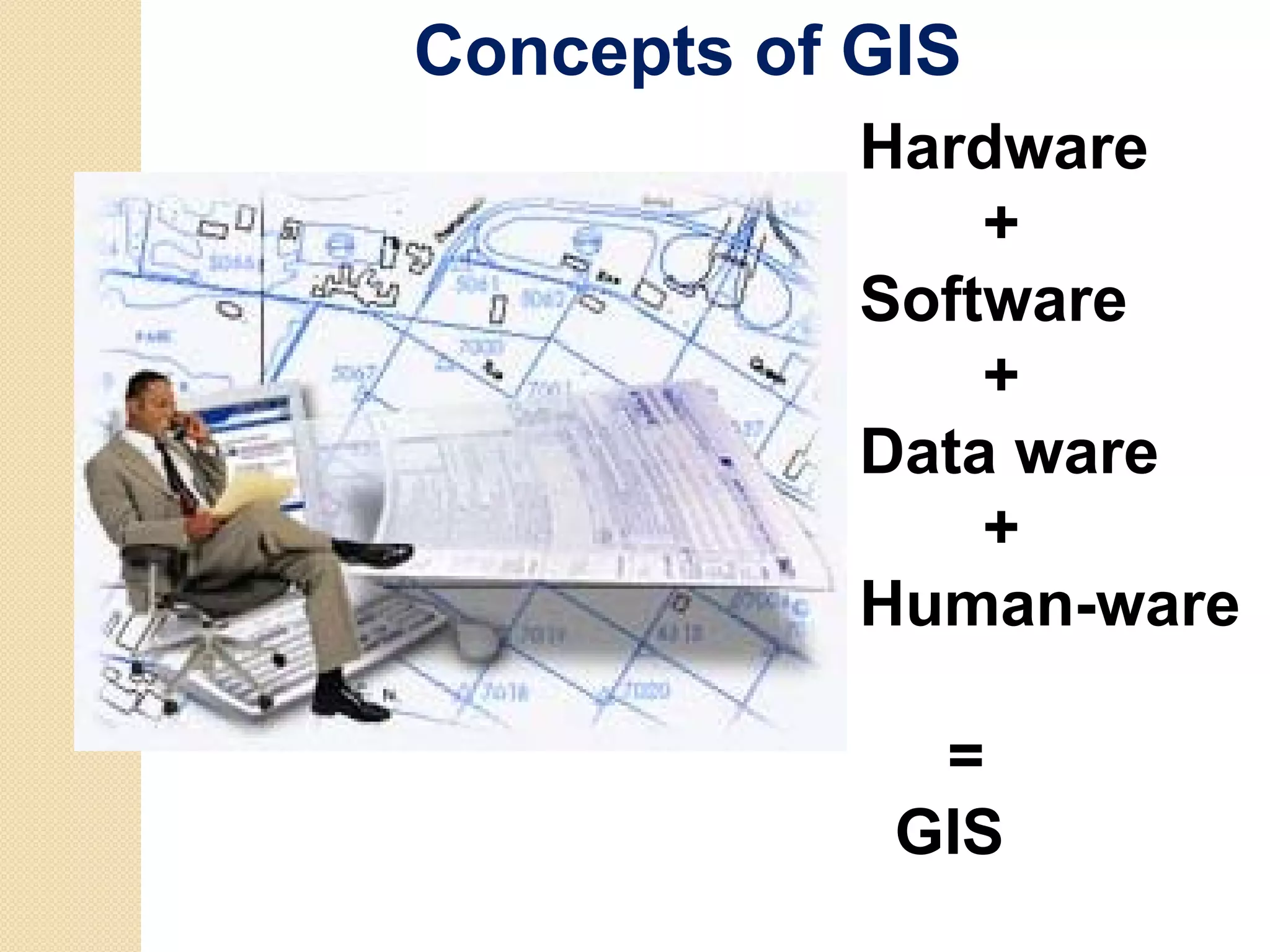 Concepts of GIS
            Hardware
                +
            Software
                +
            Data ware
                +
            Human-ware

              =
             GIS
 
