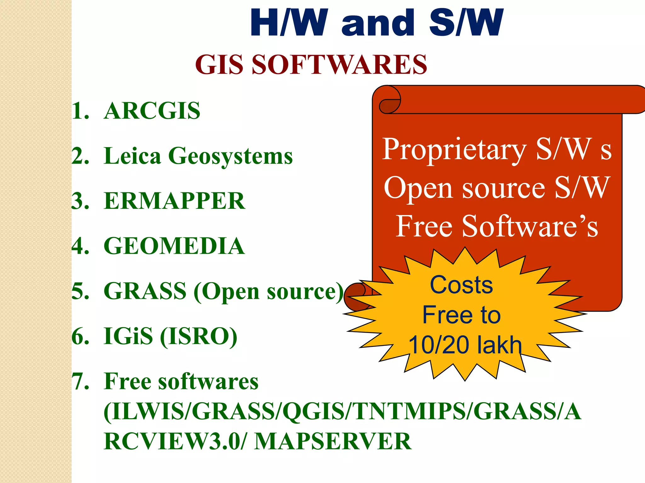 H/W and S/W
          GIS SOFTWARES
1. ARCGIS
2. Leica Geosystems      Proprietary S/W s
                         P    i
3. ERMAPPER              Open source S/W
                          Free Software’s
4. GEOMEDIA
5. GRASS (Open source)      Costs
                            C t
                           Free to
6. IGiS (ISRO)
        (    )            10/20 lakh
7. Free softwares
   (ILWIS/GRASS/QGIS/TNTMIPS/GRASS/A
   RCVIEW3.0/ MAPSERVER
 