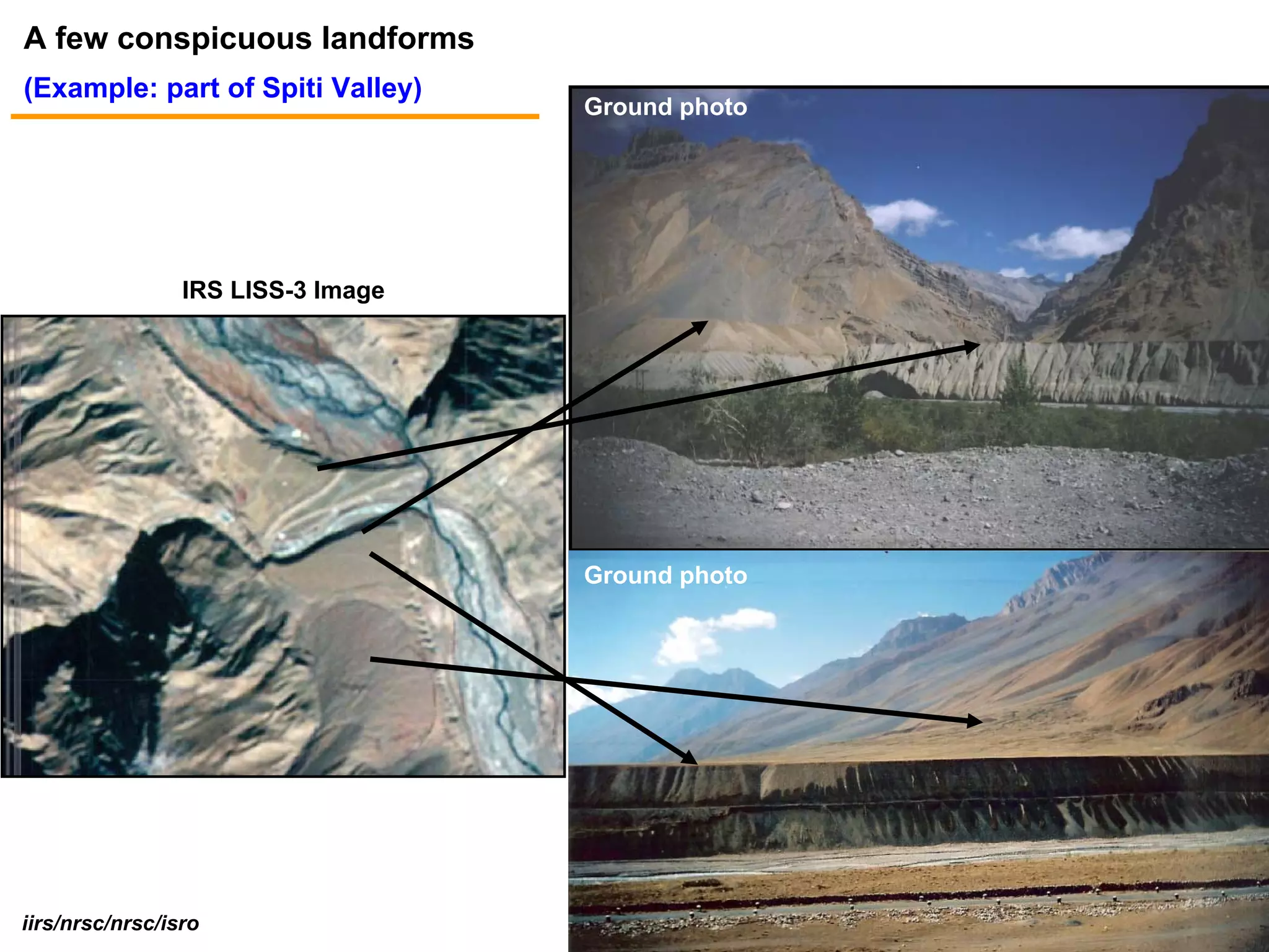 A few conspicuous landforms
(Example: part of Spiti Valley)
                                    Ground photo




                 IRS LISS-3 Image




                                    Ground photo




iirs/nrsc/nrsc/isro
 