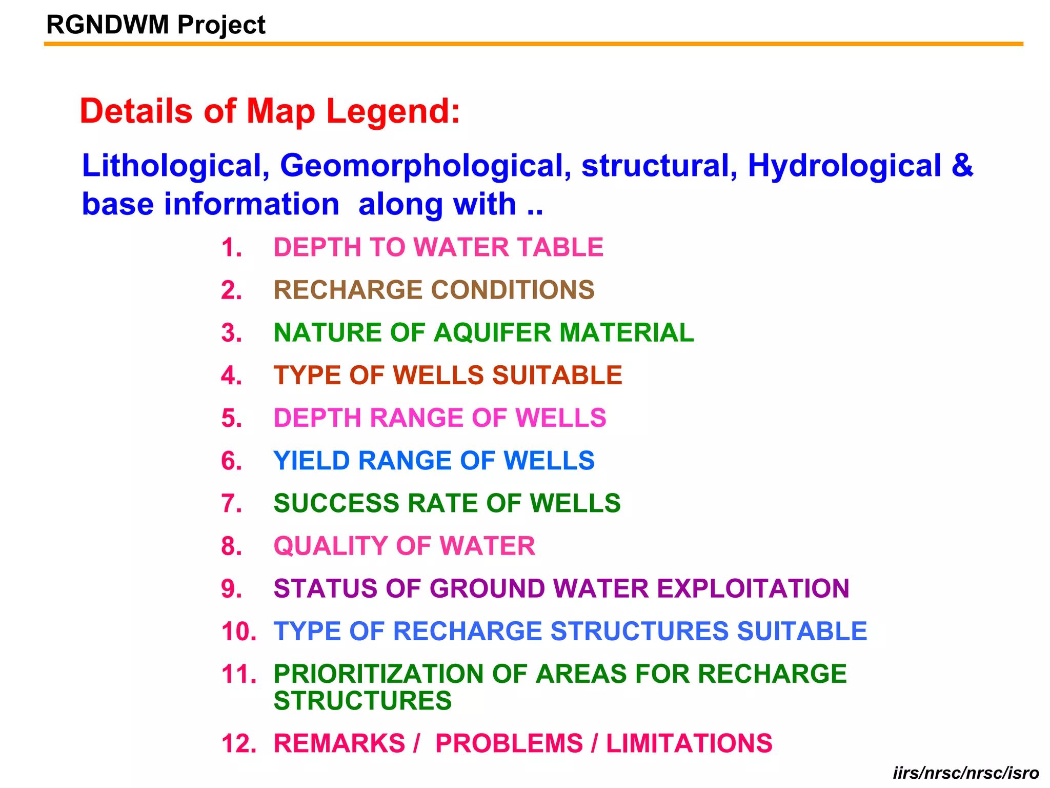 RGNDWM Project


  Details of Map Legend:
  Lithological, Geomorphological, structural, Hydrological &
  base information along with ..
           1.    DEPTH TO WATER TABLE
           2.    RECHARGE CONDITIONS
           3.    NATURE OF AQUIFER MATERIAL
           4.    TYPE OF WELLS SUITABLE
           5.    DEPTH RANGE OF WELLS
           6.    YIELD RANGE OF WELLS
           7.    SUCCESS RATE OF WELLS
           8.    QUALITY OF WATER
           9.    STATUS OF GROUND WATER EXPLOITATION
           10. TYPE OF RECHARGE STRUCTURES SUITABLE
           11. PRIORITIZATION OF AREAS FOR RECHARGE
               STRUCTURES
           12. REMARKS / PROBLEMS / LIMITATIONS
                                                       iirs/nrsc/nrsc/isro
 