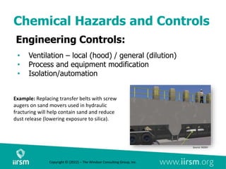 Chemical Hazards and Controls
Engineering Controls:
• Ventilation – local (hood) / general (dilution)
• Process and equipment modification
• Isolation/automation
Source: NIOSH
Example: Replacing transfer belts with screw
augers on sand movers used in hydraulic
fracturing will help contain sand and reduce
dust release (lowering exposure to silica).
Copyright © (2022) – The Windsor Consulting Group, Inc.
 