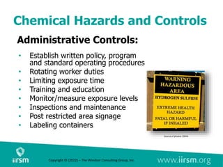 Chemical Hazards and Controls
Administrative Controls:
• Establish written policy, program
and standard operating procedures
• Rotating worker duties
• Limiting exposure time
• Training and education
• Monitor/measure exposure levels
• Inspections and maintenance
• Post restricted area signage
• Labeling containers
Source of photos: OSHA
Copyright © (2022) – The Windsor Consulting Group, Inc.
 