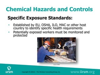 Chemical Hazards and Controls
Specific Exposure Standards:
• Established by EU, OSHA, ILO, MAC or other host
country to identify specific health requirements
• Potentially exposed workers must be monitored and
protected
Source: OSHA
Copyright © (2022) – The Windsor Consulting Group, Inc.
 