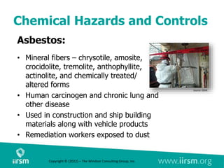 Chemical Hazards and Controls
Asbestos:
• Mineral fibers – chrysotile, amosite,
crocidolite, tremolite, anthophyllite,
actinolite, and chemically treated/
altered forms
• Human carcinogen and chronic lung and
other disease
• Used in construction and ship building
materials along with vehicle products
• Remediation workers exposed to dust
Source: OSHA
Copyright © (2022) – The Windsor Consulting Group, Inc.
 