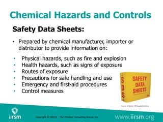 Chemical Hazards and Controls
Safety Data Sheets:
• Prepared by chemical manufacturer, importer or
distributor to provide information on:
• Physical hazards, such as fire and explosion
• Health hazards, such as signs of exposure
• Routes of exposure
• Precautions for safe handling and use
• Emergency and first-aid procedures
• Control measures
Copyright © (2022) – The Windsor Consulting Group, Inc.
Source of photo: HD Supply Solutions
 