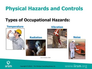 Physical Hazards and Controls
Types of Occupational Hazards:
Vibration
Radiation
Temperature
Source of photos: OSHA
Noise
Copyright © (2022) – The Windsor Consulting Group, Inc.
 