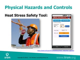 Physical Hazards and Controls
Heat Stress Safety Tool:
https://www.osha.gov/SLTC/heatillness/heat_index/heat_app.html
Source: Ndoeljindoel/Shutterstock
Copyright © (2022) – The Windsor Consulting Group, Inc.
 