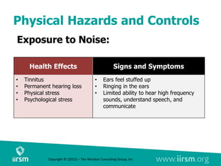 Physical Hazards and Controls
Exposure to Noise:
Health Effects Signs and Symptoms
• Tinnitus
• Permanent hearing loss
• Physical stress
• Psychological stress
• Ears feel stuffed up
• Ringing in the ears
• Limited ability to hear high frequency
sounds, understand speech, and
communicate
Copyright © (2022) – The Windsor Consulting Group, Inc.
 