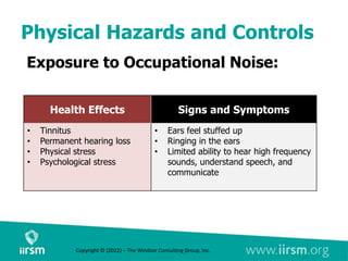 Physical Hazards and Controls
Exposure to Occupational Noise:
Health Effects Signs and Symptoms
• Tinnitus
• Permanent hearing loss
• Physical stress
• Psychological stress
• Ears feel stuffed up
• Ringing in the ears
• Limited ability to hear high frequency
sounds, understand speech, and
communicate
Copyright © (2022) – The Windsor Consulting Group, Inc.
 
