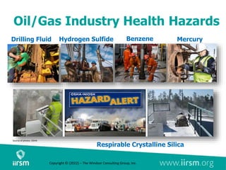 Oil/Gas Industry Health Hazards
Drilling Fluid
Respirable Crystalline Silica
Hydrogen Sulfide Benzene Mercury
Source of photos: OSHA
Copyright © (2022) – The Windsor Consulting Group, Inc.
 