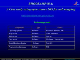 BHOOSAMPADA:
          AC
           Case study using open source GIS f web mapping
                 t d    i                   for b     i
                                       http://applications.nrsc.gov.in:15001/


                                                              Technology used

                           Components                              Type                              Source
               Operating System                            Software                  Microsoft Windows 2003
               Map server
                 p                                         Software                  UMN Mapserver
                                                                                           p
               Web server                                  Software                  Apache
               Data server                                 Software                  File based , Postgre SQL

               Spatial Database E i
               S ti l D t b     Engine                      Software
                                                            S ft                     Post
                                                                                     P t GIS

               Programming Language                        Software                  PHP




Training Programme on “Remote Sensing: An Overview for Decision Makers”- IIRS Dehradun- June 2010-              harish_k@nrsc.gov.in
 