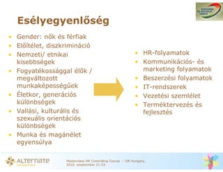 Esélyegyenl ség
• Gender: n k és férfiak
• El ítélet, diszkrimináció
• Nemzeti/ etnikai                                         • HR-folyamatok
  kisebbségek                                              • Kommunikációs- és
• Fogyatékossággal él k /                                    marketing folyamatok
  megváltozott                                             • Beszerzési folyamatok
  munkaképesség ek                                         • IT-rendszerek
• Életkor, generációs                                      • Vezetési szemlélet
  különbségek                                              • Terméktervezés és
• Vallási, kulturális és                                     fejlesztés
  szexuális orientációs
  különbségek
• Munka és magánélet
  egyensúlya

                  Masterclass HR Controlling Course – IIR Hungary,
                  2010. szeptember 21-23.
 