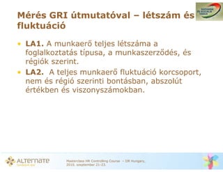 Mérés GRI útmutatóval – létszám és
fluktuáció

• LA1. A munkaer teljes létszáma a
  foglalkoztatás típusa, a munkaszerz dés, és
  régiók szerint.
• LA2. A teljes munkaer fluktuáció korcsoport,
  nem és régió szerinti bontásban, abszolút
  értékben és viszonyszámokban.




            Masterclass HR Controlling Course – IIR Hungary,
            2010. szeptember 21-23.
 