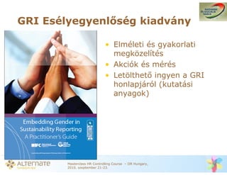 GRI Esélyegyenl ség kiadvány

                              • Elméleti és gyakorlati
                                megközelítés
                              • Akciók és mérés
                              • Letölthet ingyen a GRI
                                honlapjáról (kutatási
                                anyagok)




        Masterclass HR Controlling Course – IIR Hungary,
        2010. szeptember 21-23.
 