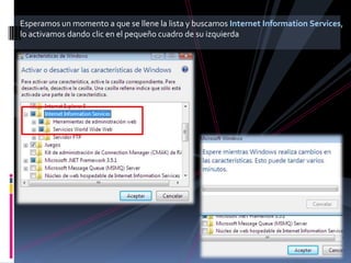 Esperamos un momento a que se llene la lista y buscamos Internet Information Services,
lo activamos dando clic en el pequeño cuadro de su izquierda
 