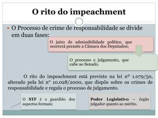 O rito do impeachment
 O Processo de crime de responsabilidade se divide
em duas fases:
O juízo de admissibilidade político, que
ocorrerá perante a Câmara dos Deputados;
O processo e julgamento, que
cabe ao Senado.
O rito do impeachment está previsto na lei nº 1.079/50,
alterado pela lei n° 10.028/2000, que dispõe sobre os crimes de
responsabilidade e regula o processo de julgamento.
O STF é o guardião dos
aspectos formais;
Poder Legislativo – órgão
julgador quanto ao mérito.
 