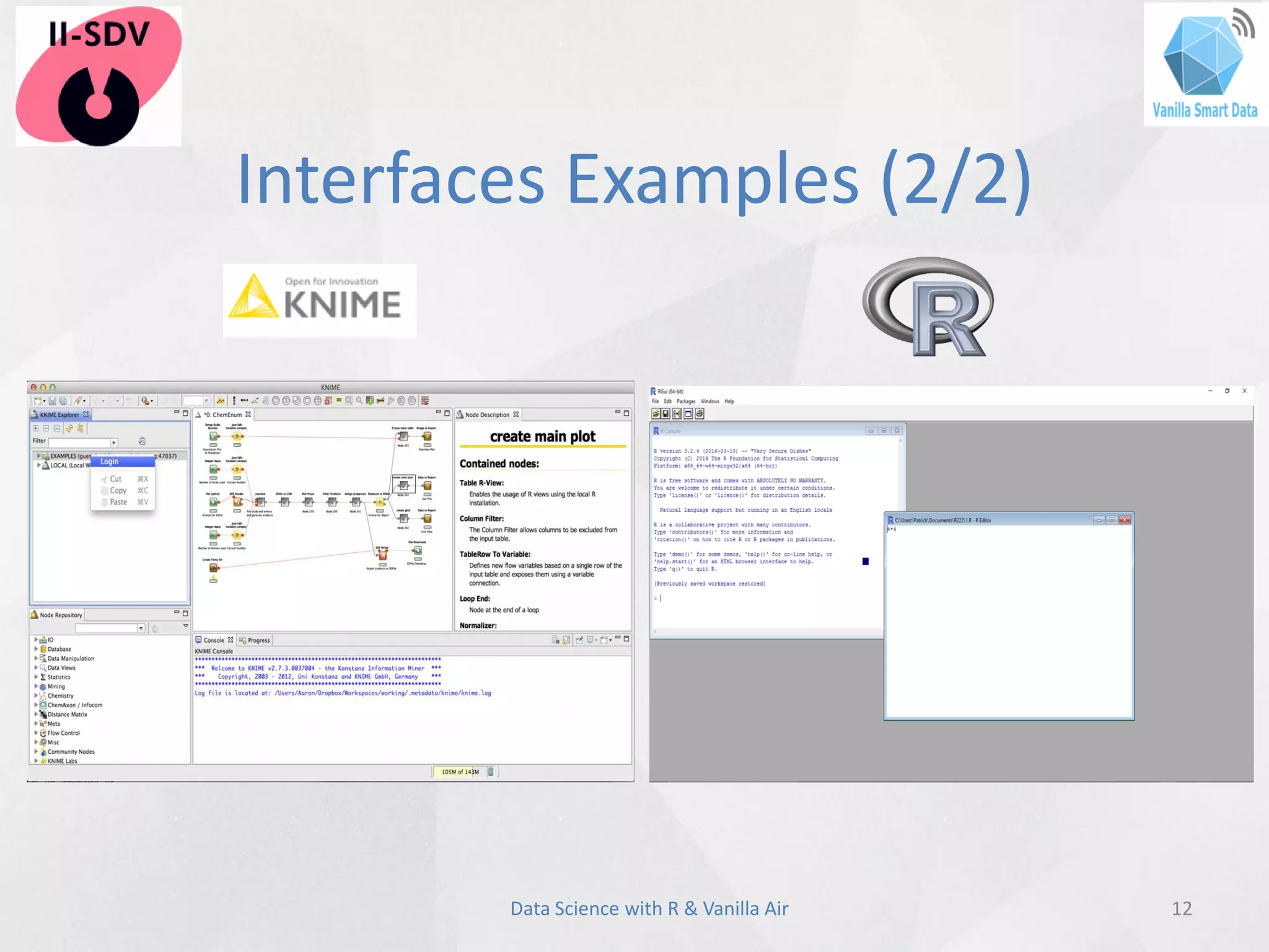 Interfaces Examples (2/2)
12Data Science with R & Vanilla Air
 