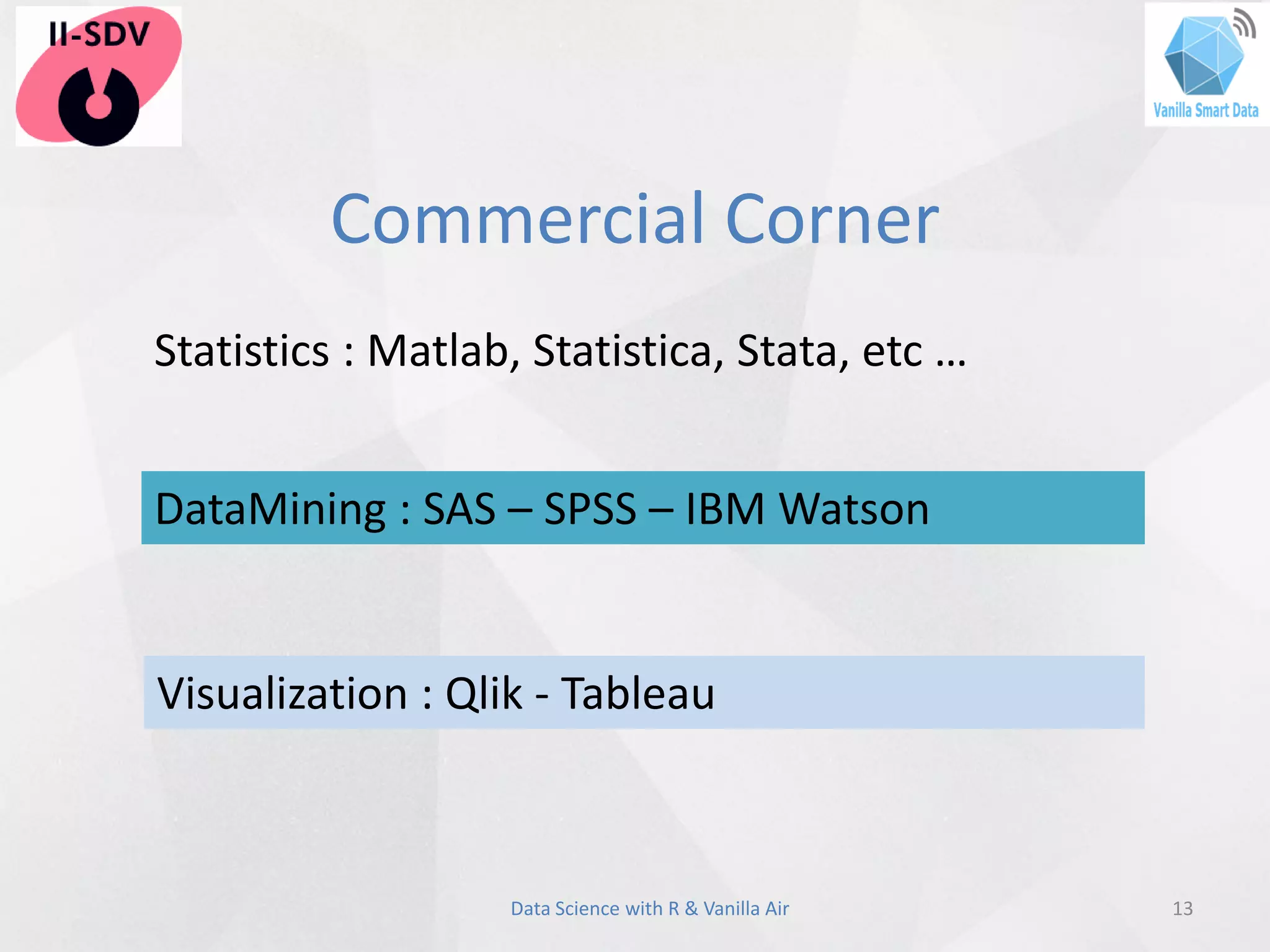 Commercial Corner
13Data Science with R & Vanilla Air
Visualization : Qlik - Tableau
Statistics : Matlab, Statistica, Stata, etc …
DataMining : SAS – SPSS – IBM Watson
 