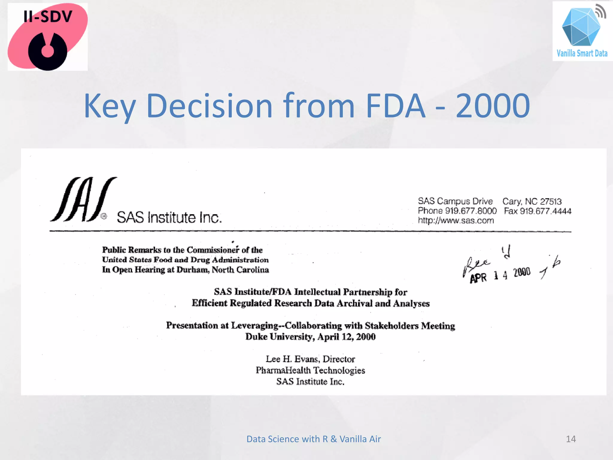 Key Decision from FDA - 2000
14Data Science with R & Vanilla Air
 