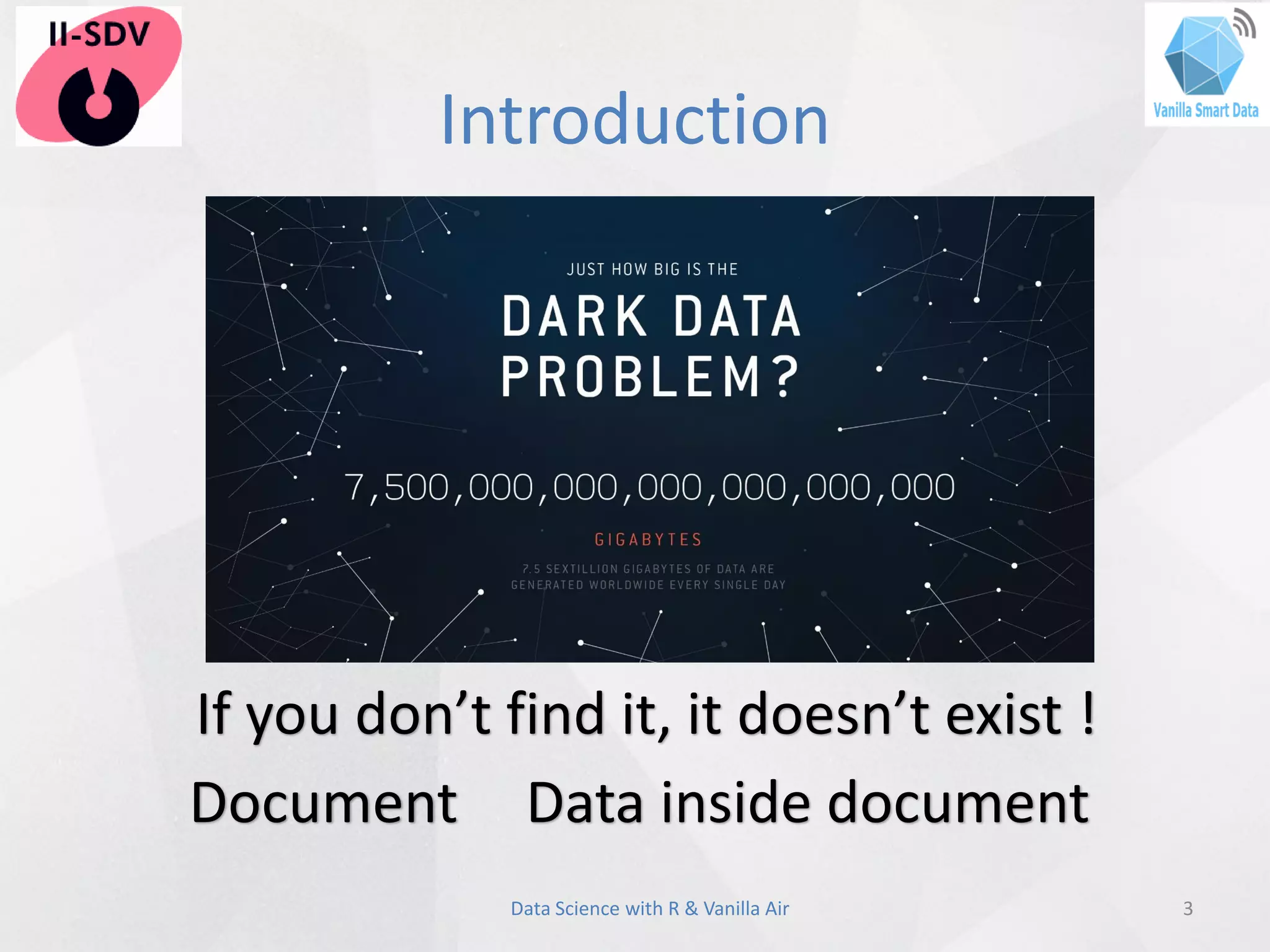 Introduction
3Data Science with R & Vanilla Air
If you don’t find it, it doesn’t exist !
Document Data inside document
 