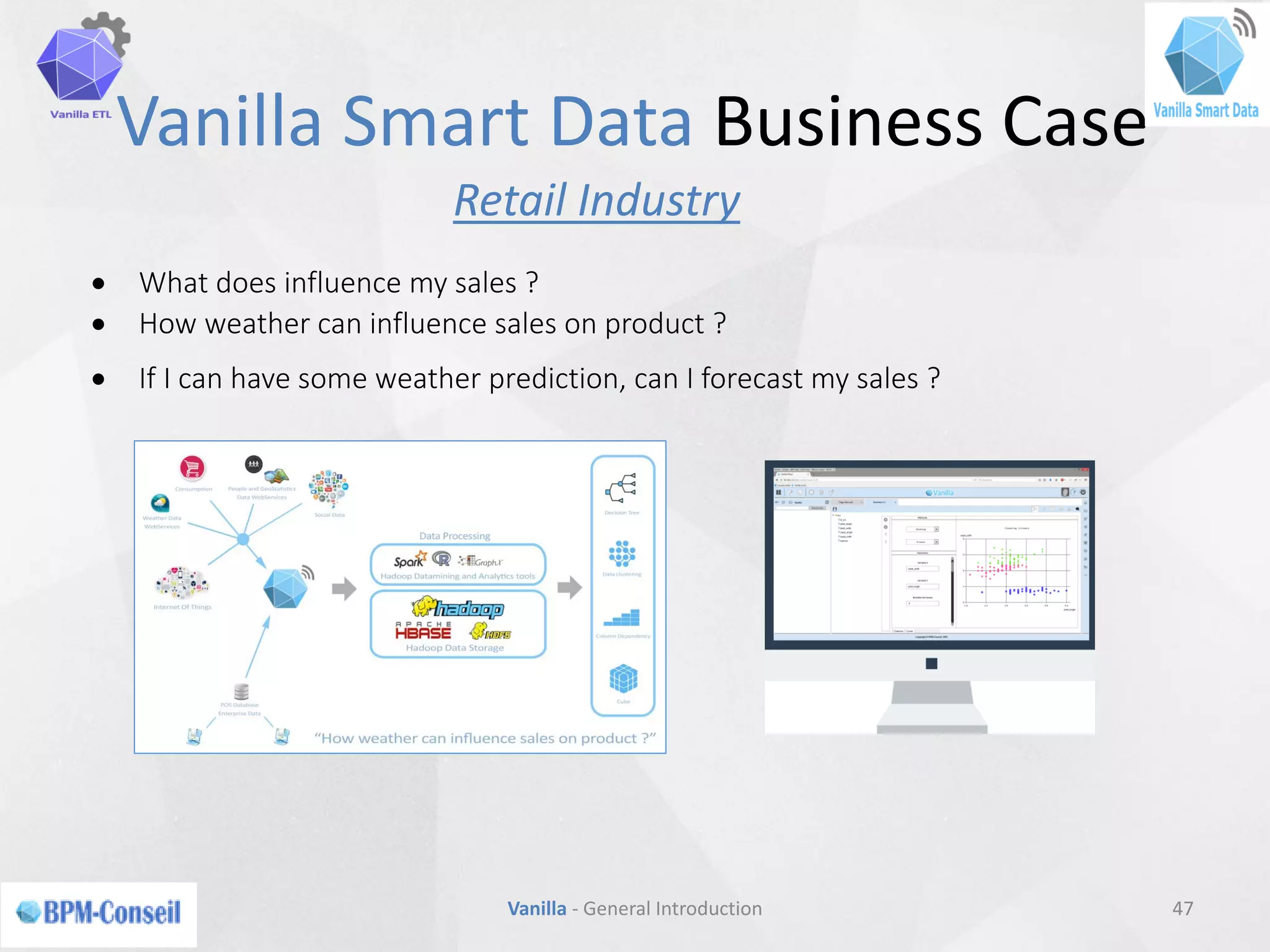Vanilla Smart Data Business Case
47Vanilla - General Introduction
 What does influence my sales ?
 How weather can influence sales on product ?
 If I can have some weather prediction, can I forecast my sales ?
Retail Industry
 