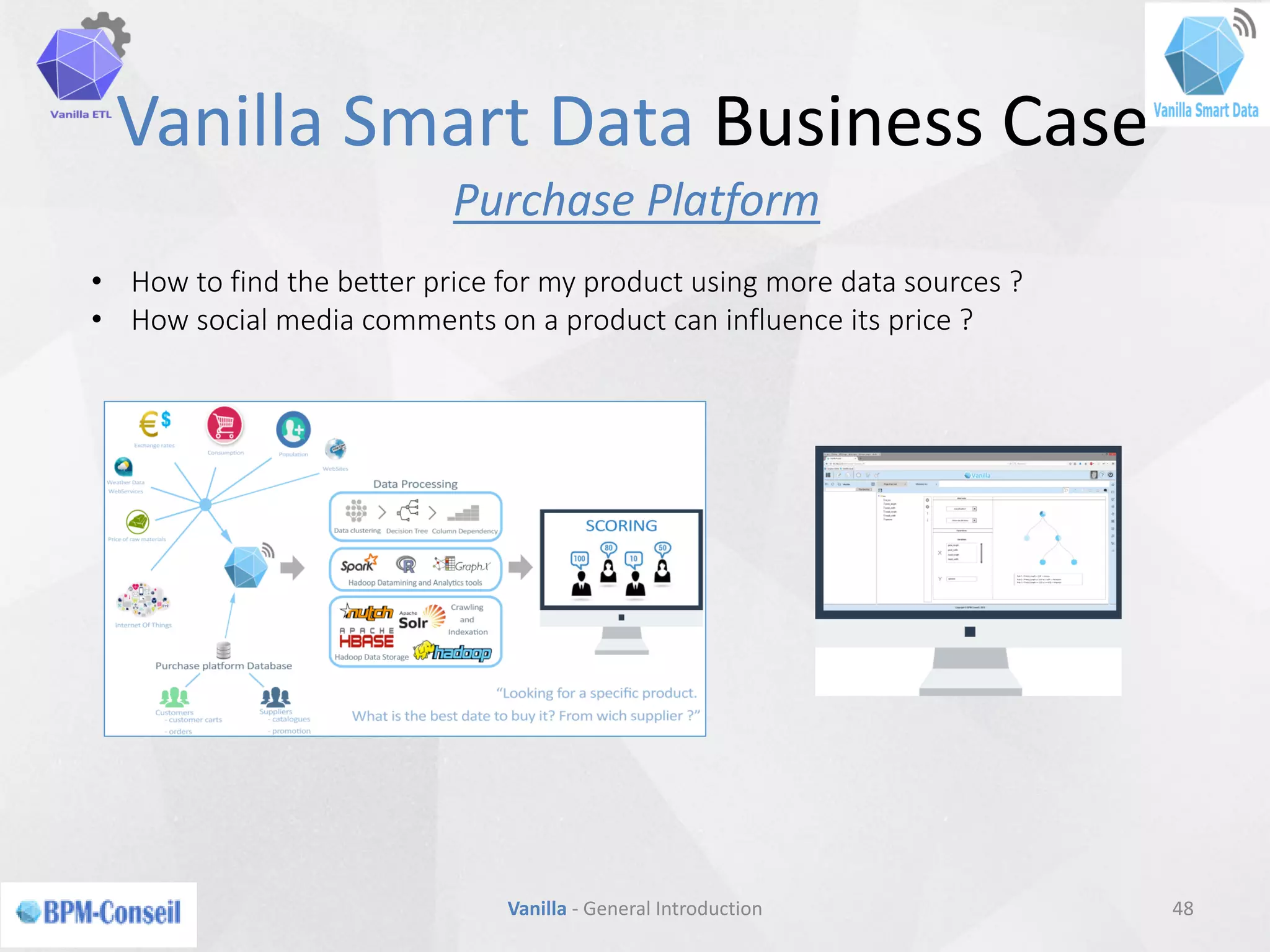 Vanilla Smart Data Business Case
48Vanilla - General Introduction
• How to find the better price for my product using more data sources ?
• How social media comments on a product can influence its price ?
Purchase Platform
 