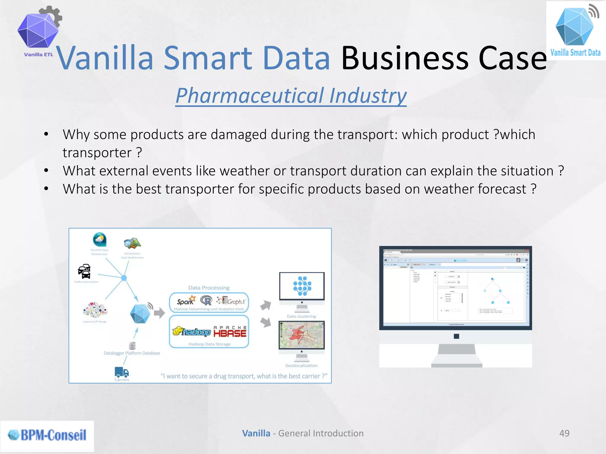 Vanilla Smart Data Business Case
49Vanilla - General Introduction
• Why some products are damaged during the transport: which product ?which
transporter ?
• What external events like weather or transport duration can explain the situation ?
• What is the best transporter for specific products based on weather forecast ?
Pharmaceutical Industry
 