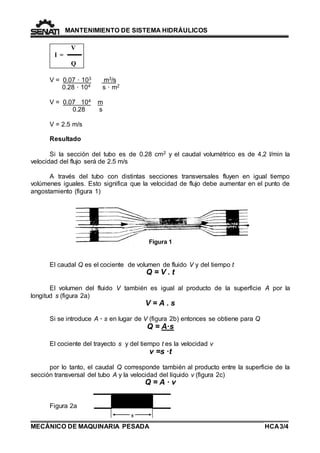 MANTENIMIENTO DE SISTEMA HIDRÁULICOS 
V 
I = 
Q 
Si la sección del tubo es de 0.28 cm2 y el caudal volumétrico es de 4,2 l/min la 
A través del tubo con distintas secciones transversales fluyen en igual tiempo 
volúmenes iguales. Esto significa que la velocidad de flujo debe aumentar en el punto de 
angostamiento (figura 1) 
El caudal Q es el cociente de volumen de fluido V y del tiempo t 
El volumen del fluido V también es igual al producto de la superficie A por la 
Si se introduce A · s en lugar de V (figura 2b) entonces se obtiene para Q 
El cociente del trayecto s y del tiempo t es la velocidad v 
por lo tanto, el caudal Q corresponde también al producto entre la superficie de la 
sección transversal del tubo A y la velocidad del líquido v (figura 2c) 
s 
V = 0.07 · 103 m3/s 
0.28 · 104 s · m2 
V = 0.07 104 m 
0.28 s 
V = 2.5 m/s 
Resultado 
velocidad del flujo será de 2.5 m/s 
Figura 1 
Q = V . t 
longitud s (figura 2a) 
V = A . s 
Q = A·s 
v =s ·t 
Q = A · v 
Figura 2a 
MECÁNICO DE MAQUINARIA PESADA 
HCA 3/4 
 