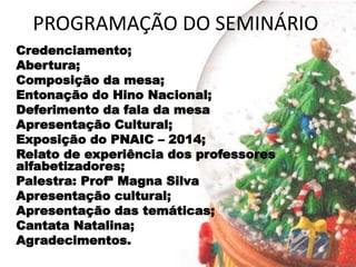 PROGRAMAÇÃO DO SEMINÁRIO
Credenciamento;
Abertura;
Composição da mesa;
Entonação do Hino Nacional;
Deferimento da fala da mesa
Apresentação Cultural;
Exposição do PNAIC – 2014;
Relato de experiência dos professores
alfabetizadores;
Palestra: Profª Magna Silva
Apresentação cultural;
Apresentação das temáticas;
Cantata Natalina;
Agradecimentos.
 