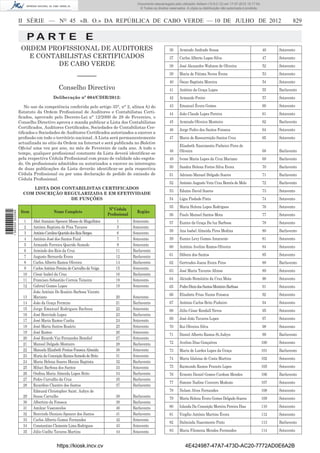 Documento descarregado pelo utilizador Adilson (10.8.0.12) em 17-07-2012 15:17:54.
                                                                                         © Todos os direitos reservados. A cópia ou distribuição não autorizada é proibida.



                  II SÉRIE — NO 45 «B. O.» DA REPÚBLICA DE CABO VERDE — 10 DE JULHO DE 2012                                                                                                829

                      PA RT E E
                   ORDEM PROFISSIONAL DE AUDITORES                                                           36     Armindo Andrade Sousa                                     46    Sotavento
                     E CONTABILISTAS CERTIFICADOS                                                            37     Carlos Alberto Lopes Silva                                47    Sotavento
                            DE CABO VERDE                                                                    38     José Alexandre Wahnon de Oliveira                         52    Sotavento
                                                                                                             39     Maria de Fátima Neves Évora                               53    Sotavento
                                                      ––––––
                                                                                                             40     Óscar Baptista Moreira                                    54    Sotavento
                                          Conselho Directivo                                                 41     António da Graça Lopes                                    55    Barlavento
                                      Deliberação nº 004/CDIR/2012:                                          42     Armando Freire                                            57    Sotavento

                     No uso da competência conferida pelo artigo 35°, n° 2, alínea h) do                     43     Emanuel Évora Gomes                                       60    Sotavento
                  Estatuto da Ordem Proﬁssional de Auditores e Contabilistas Certi-                          44     João Claude Lopes Pereira                                 61    Sotavento
                  ﬁcados, aprovado pelo Decreto-Lei n° 12/2000 de 28 de Fevereiro, o
                  Conselho Directivo aprova e manda publicar a Lista dos Contabilistas                       45     Arminda Oliveira Monteiro                                 62    Barlavento
                  Certiﬁcados, Auditores Certiﬁcados, Sociedades de Contabilistas Cer-
                                                                                                             46     Jorge Pedro dos Santos Fonseca                            64    Sotavento
                  tiﬁcados e Sociedades de Auditores Certiﬁcados autorizados a exercer a
                  proﬁssão em todo o território nacional. A Lista será permanentemente                       47     Maria de Ressurreição Santos Cruz                         65    Sotavento
                  actualizada no sítio da Ordem na Internet e será publicada no Boletim
                                                                                                                    Elisabeth Nascimento Pinheiro Pires de
                  Oﬁcial uma vez por ano, no mês de Fevereiro de cada ano. A todo o
                                                                                                             48     Oliveira                                                  68    Barlavento
                  tempo, qualquer proﬁssional constante da Lista deverá identiﬁcar-se
                  pela respectiva Cédula Proﬁssional com prazo de validade não esgota-                       49     Ivone Maria Lopes da Cruz Mariano                         69    Barlavento
                  do. Os proﬁssionais admitidos ou autorizados a exercer no interregno
                  de duas publicações da Lista deverão identiﬁcar-se pela respectiva                         50     Sandra Helena Fortes Silva Evora                          70    Barlavento
                  Cédula Proﬁssional ou por uma declaração de pedido de emissão de                           51     Adriano Manuel Delgado Soares                             71    Barlavento
                  Cédula Proﬁssional.
                                                                                                             52     Antonio Augusto Vera Cruz Benrós de Melo                  72    Barlavento
                        LISTA DOS CONTABILISTAS CERTIFICADOS
                                                                                                             53     Eduino David Soares                                       73    Sotavento
                    COM INSCRIÇÃO REGULARIZADA E EM EFETIVIDADE
                                     DE FUNÇÕES                                                              54     Lígia Piedade Pinto                                       74    Sotavento
                                                                                                             55     Maria Helena Lopes Rodrigues                              76    Sotavento
                                                                         Nº Cédula
                   Item                Nome Completo                                    Região
1 562000 002089




                                                                        Proﬁssional                          56     Paulo Manuel Santos Mota                                  77    Sotavento
                     1    Abel Atanásio Spencer Mosso de Magalhães           1        Sotavento              57     Eunice da Graça Da luz Barbosa                            78    Sotavento
                     2    António Baptista de Pina Tavares                  5         Sotavento
                                                                                                             58     Ana Isabel Almeida Pires Medina                           80    Barlavento
                     3    António Carolino Querido dos Reis Borges           6        Sotavento
                     4    António José dos Santos Faial                      7        Sotavento              59     Eunice Levy Gomes Amarante                                81    Sotavento
                     5    Armando Ferreira Querido Semedo                    9        Sotavento              60     António Avelino Ramos Oliveira                            84    Sotavento
                     6    Armindo dos Reis da Cruz                          11        Barlavento
                     7    Augusto Bernarda Évora                            12        Barlavento             61     Débora dos Santos                                         85    Sotavento
                     8    Carlos Alberto Ramos Oliveira                     14        Barlavento             62     Gertrudes Joana Evora Pires                               88    Barlavento
                     9    Carlos António Pereira de Carvalho da Veiga       15        Sotavento
                                                                                                             63     José Maria Tavares Afonso                                 89    Sotavento
                    10    César Isabel da Cruz                              16        Barlavento
                    11    Francisco Sebastião Correia Teixeira              18        Sotavento              64     Alcindo Hemitério da Cruz Mota                            90    Sotavento
                    12    Gabriel Gomes Lopes                               19        Sotavento              65     Pedro Diniz dos Santos Monteiro Barbosa                   91    Sotavento
                          João António Do Rosário Barbosa Vicente
                                                                                                             66     Elizabete Frias Nunes Fonseca                             92    Sotavento
                    13    Mariano                                           20        Sotavento
                    14    João da Graça Fermino                             21        Barlavento             67     António Carlos Brito Pinheiro                             94    Sotavento
                    15    Jorge Emanuel Rodrigues Barbosa                   22        Sotavento              68     Júlio César Rendall Neves                                 95    Sotavento
                    16    José Benvindo Lopes                               23        Barlavento
                    17    José Maria Ramos Cunha                            24        Sotavento              69     José João Tavares Lopes                                   97    Sotavento
                    18    José Maria Santos Rosário                         25        Sotavento              70     Rui Oliveira Silva                                        98    Sotavento
                    19    José Ramos                                        26        Sotavento
                                                                                                             71     Daniel Alberto Ramos St.Aubyn                             99    Barlavento
                    20    José Ricardo Vaz Fernandes Benoliel               27        Sotavento
                    21    Manuel Delgado Monteiro                           28        Barlavento             72     Avelino Dias Gonçalves                                    100   Sotavento
                    22    Manuela Elizabeth Freitas Fonseca Almeida         30        Sotavento              73     Maria de Lurdes Lopes da Graça                            101   Barlavento
                    23    Maria da Conceição Ramos Semedo de Brito          31        Sotavento
                                                                                                             74     Maria Idalsisa de Costa Martins                           102   Sotavento
                    24    Maria Helena Soares Morais Baptista               32        Barlavento
                    25    Miluci Barbosa dos Santos                         33        Sotavento              75     Raimundo Ramos Francês Lopes                              105   Sotavento
                    26    Ondina Maria Almeida Lopes Brito                  34        Barlavento             76     Ernesto Daniel Gomes Cardoso Mendes                       106   Barlavento
                    27    Pedro Carvalho da Cruz                            35        Barlavento
                                                                                                             77     Simone Nadine Craveiro Modesto                            107   Sotavento
                    28    Ricardino Chantre dos Santos                      37        Barlavento
                          Edmund Christopher Saint. Aubyn de                                                 78     Nelson Alves Fernandes                                    108   Sotavento
                    29    Sousa Carvalho                                    38        Barlavento
                                                                                                             79     Maria Helena Évora Gomes Delgado Soares                   109   Sotavento
                    30    Albertino da Fonseca                              39        Barlavento
                    31    Amilcar Vasconcelos                               40        Barlavento             80     Iolanda Da Conceição Moreira Pereira Dias                 110   Sotavento
                    32    Benvindo Dionisio Spencer dos Santos              41        Barlavento             81     Virgílio António Martins Évora                            112   Sotavento
                    33    Carlos Alberto Gomes Fernandes                    42        Sotavento
                                                                                                             82     Dalminda Nascimento Pinto                                 113   Barlavento
                    34    Constantino Clemente Lima Rodrigues               43        Sotavento
                    35    Júlio Coelho Tavares Martins                      44        Sotavento              83     Maria Filomena Mendes Fernandes                           114   Sotavento


                                         https://kiosk.incv.cv                                                          4E424987-47A7-473D-AC20-7772AD0E6A2B
 
