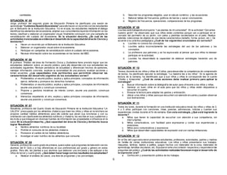 6 
cantidades. 
SITUACIÓN N° 05 
Jorge, profesor del segundo grado de Educación Primaria ha planif icado una sesión de 
aprendizaje “Cuidemos Nuestro Ecos istema” para ello hacen un recorrido con los estudiantes 
por el Biohuerto de la Institución Educativa. Ya en el aula, los estudiantes mediante el diálogo 
identif ican los elementos del ecosistema, amplían sus conocimientos leyendo información en los 
textos, clasif ican y elaboran un organizador visual, f inalmente concluyen con una campaña de 
sensibilización del cuidado del ecosistema. En la situación descrita, ¿En cuál de las 
actividades mencionadas se evidencia el desarrollo de la capacidad del área de Ciencia y 
Ambiente? 
a. Hacen un recorrido por el Biohuerto de la Institución Educativa. 
b. Elaboran un organizador visual sobre el ecosistema. 
c. Participan en campañas de sensibilización sobre el cuidado del ecosistema. 
d. Revisan información sobre los ecosistemas en los textos del MED. 
SITUACIÓN N° 06 
El profesor Timoteo del área de Formación Cívica y Ciudadana tiene previsto lograr que los 
estudiantes deliberen sobre un asunto público, para ello desarrolla con sus estudiantes las 
actividades siguientes: Revisan periódicos de actualidad y diferencian hechos de opiniones, 
manejan información concreta, explican la racionalidad de una postura, evalúan acciones y 
toman acuerdos. ¿Las capacidades más pertinentes que permitirán observar las 
características del desarrollo cognitivo de los estudiantes serían? 
a. Problematiza un asunto público, explica y aplica principios, conceptos de información, 
ejerce, def iende y promueve los derechos humanos. 
b. Problematiza un asunto público, explica y aplica principios, conceptos de información, 
asume una posición y construye consensos. 
c. Propone y gestiona iniciativas de interés común, asume una posición, construye 
consensos. 
d. Interactúa respetando al otro, explica y aplica principios conceptos de información, 
asume una posición y construye consensos. 
SITUACIÓN N° 07 
Rosalinda, prof esora del Cuarto Grado de Educación Primaria de la Institución Educativa “LA 
CALETA” preocupada por los alimentos chatarra que traen los niños y niñas en la lonchera se 
propone cambiar hábitos alimenticios para ello solicita que abran sus loncheras y con su 
orientación van clasif icando los alimentos nutritivos y chatarra, los escribe en sus cuadernos y 
les invita a que indaguen en diversas fuentes de información las propiedades e inf luencia en la 
salud. En la situación descrita, ¿Qué capacidad del área de Ciencia y Ambiente busca 
lograr Rosalinda? 
a. Nombra alimentos nutritivos de su localidad. 
b. Prohíbe el consumo de los alimentos chatarra. 
c. Promueve el cambio de los hábitos alimenticios. 
d. Investigar el valor nutritivo de los alimentos que consume. 
SITUACIÓN N° 08 
Gerardo, profesor de cuarto grado de primaria, quiere saber qué programas de televisión ven los 
alumnos del IV Ciclo y si hay diferencias en sus preferencias por grado y género en estos 
grados. Para ello, les plantea a sus alumnos que elaboren una encuesta y las apliquen a los 
niños de tercer y cuarto grado. ¿Qué deben hacer luego con los resultados los estudiantes? 
a. Realizar el análisis de casos, una lista de programas y los porcentajes. 
b. Describir los programas elegidos, usar el cálculo numérico y las ecuaciones. 
c. Elaborar tablas de f recuencia, gráf icos de barras y sacar conclusiones. 
d. Registro de f recuencia, operaciones, comparaciones de los programas. 
SITUACIÓN N° 09 
Lourdes está trabajando el proyecto: “Las plantas de mi comunidad”. En la actividad “Cercamos 
nuestro jardín” ha observado que sus niños están contentos porque van a participar en el 
cercado del perímetro de su jardín, con palos y piedritas recolectados en el patio. Realiza 
además colecciones de objetos de una misma característica (tamaño, forma, grosor, etc.) De 
acuerdo a su práctica pedagógica ¿Cuál de los siguientes enunciados es correcto? 
a. Lourdes no conoce los conceptos. 
b. Lourdes aplica incorrectamente las estrategias del uso de los patrones y los 
conceptos. 
c. La profesora usa patrones y se ha equivocado al pensar que sus niños no desean 
participar en la actividad. 
d. Lourdes ha desarrollado la capacidad de elaborar estrategias haciendo uso de 
patrones. 
SITUACIÓN N° 10 
Teresa, docente de los niños y niñas de 5 años, para desarrollar la competencia de comprensión 
de textos, ha planif icado ejecutar la estrategia: “La maestra lee a los niños”. En la agenda de 
lectura de la semana, ha identif icado que a sus niños y niñas le corresponde leer el cuento 
“Cholito y Amazonita”. ¿Cuál de estas acciones debe realizar primero para aplicar la 
estrategia? 
a. Buscar información sobre la bibliograf ía del autor para of recerle a los niños y niñas. 
b. Generar un buen clima en el aula para que los niños y niñas estén dispuestos a 
escuchar el cuento. 
c. Ensayar la lectura para adaptar los gestos y entonación. 
d. Ubicar a los niños y niñas para que escuchen con atención el cuento y puedan observar 
sus ilustraciones. 
SITUACIÓN N° 11 
Todos los lunes, durante la formación en una institución educativa inicial, los niños y niñas de 3, 
4 y 5 años participan con canciones, rimas, poesías, adivinanzas, noticias y cuentan sus 
experiencias vividas durante el f in de semana. Con esta estrategia, ¿Qué está logrando la 
docente? 
a. Niños que tienen la capacidad de escuchar con atención a sus compañeros, sin 
interrumpirles. 
b. Niños comunicativos, con facilidad para expresarse y contar sus experiencias y 
emociones. 
c. Niños poco comunicativos y expresivos 
d. Niños que desarrollan capacidades de expresión oral con ciertas limitaciones. 
SITUACIÓN N° 12 
En el Día del Logro estuvieron presentes estudiantes, profesores, autoridades, padres y madres 
de familia de varias instituciones educativas. Los niños y niñas presentaron sus trabajos: 
maquetas, láminas, tejidos a palillos, juegos hechos con materiales de la zona, materiales de 
aprendizaje, tienditas escolares, etc. Expusieron ante una comisión respectiva y respondieron las 
preguntas del público. ¿Cuál de las actividades realizadas favorecen mejor el desarrollo de 
la expresión oral? 
a. Confección y presentación pública de los trabajos. 
 