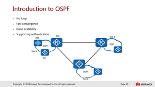 Page 30
Copyright © 2018 Huawei Technologies Co., Ltd. All rights reserved.
Introduction to OSPF
 No loop
 Fast convergence
 Good scalability
 Supporting authentication
Site B
Site A
Site C
OSPF
RTB
RTA
RTC
OSPF
OSPF
 