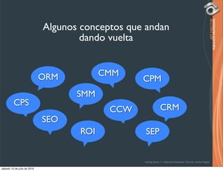 Algunos conceptos que andan
                                     dando vuelta


                             ORM           CMM
                                                  CPM
                                    SMM
         CPS
                                            CCW                  CRM
                             SEO
                                     ROI           SEP


                                                  Rodrigo Bravo Y / Publicista Profesional / Director de Arte Digital

sábado 10 de julio de 2010
 