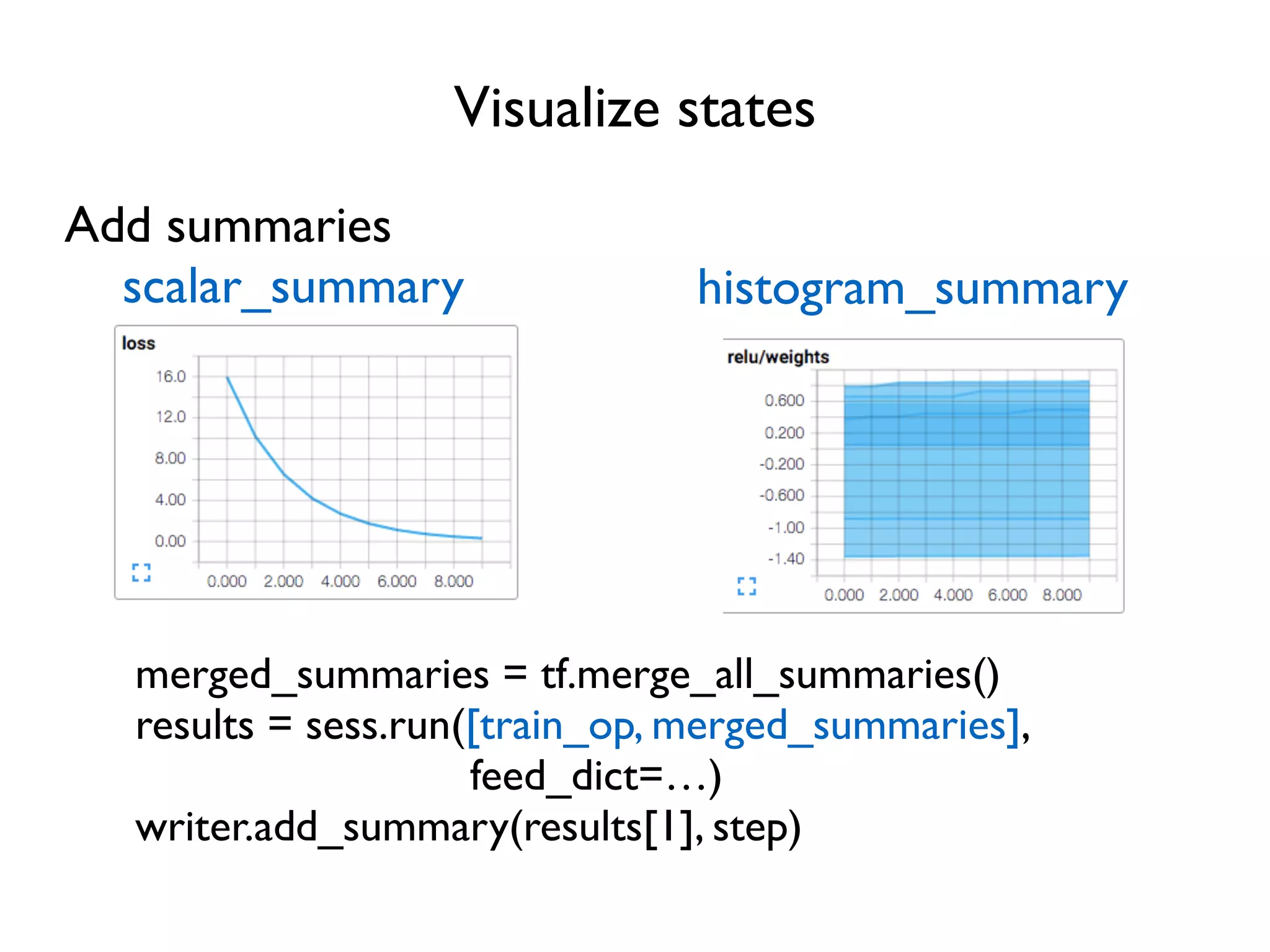 Visualize states Add summaries scalar_summary histogram_summary merged_summaries = tf.merge_all_summaries() results = sess.run([train_op, merged_summaries], feed_dict=…) writer.add_summary(results[1], step) 