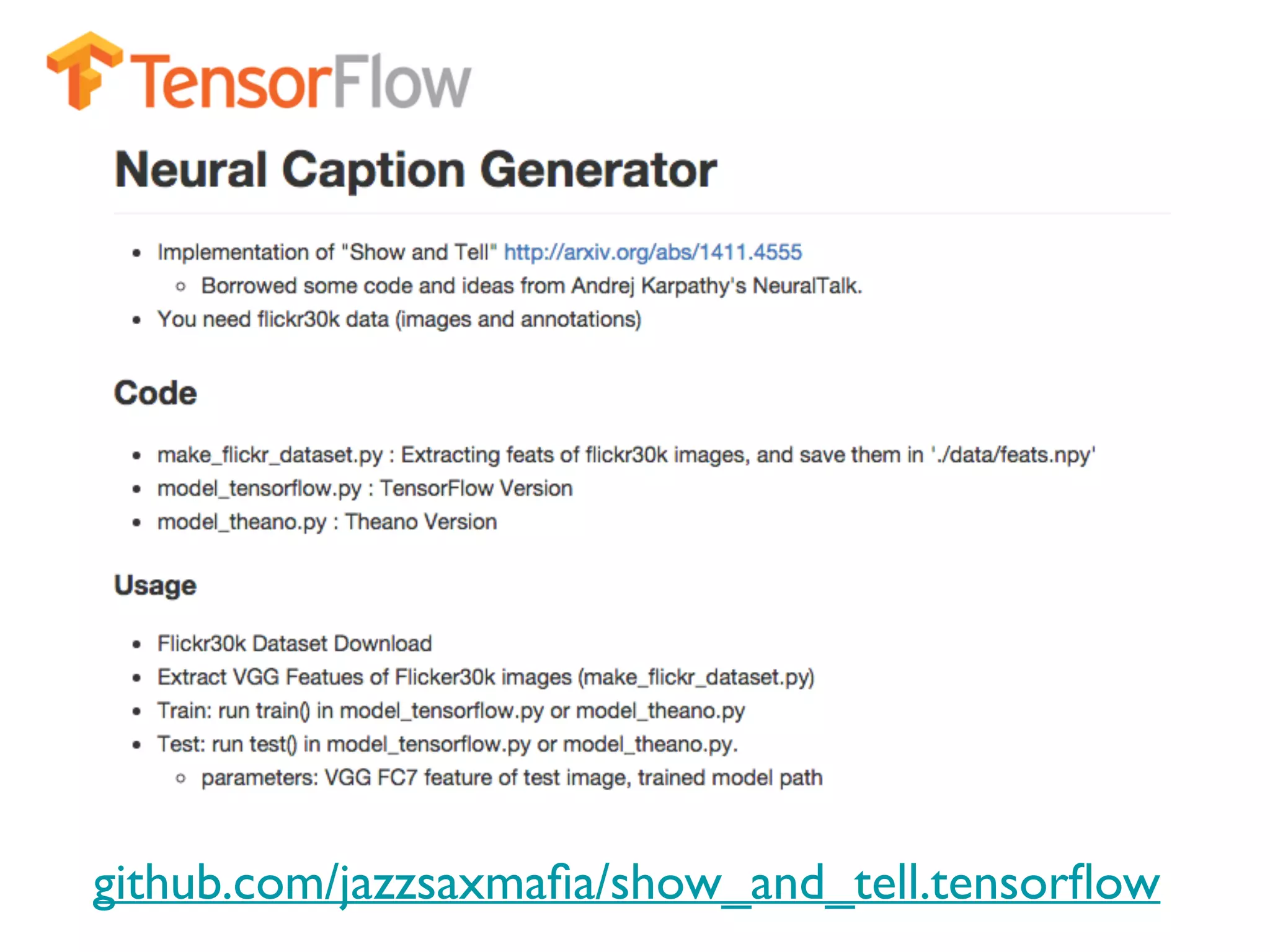 github.com/jazzsaxmaﬁa/show_and_tell.tensorﬂow 