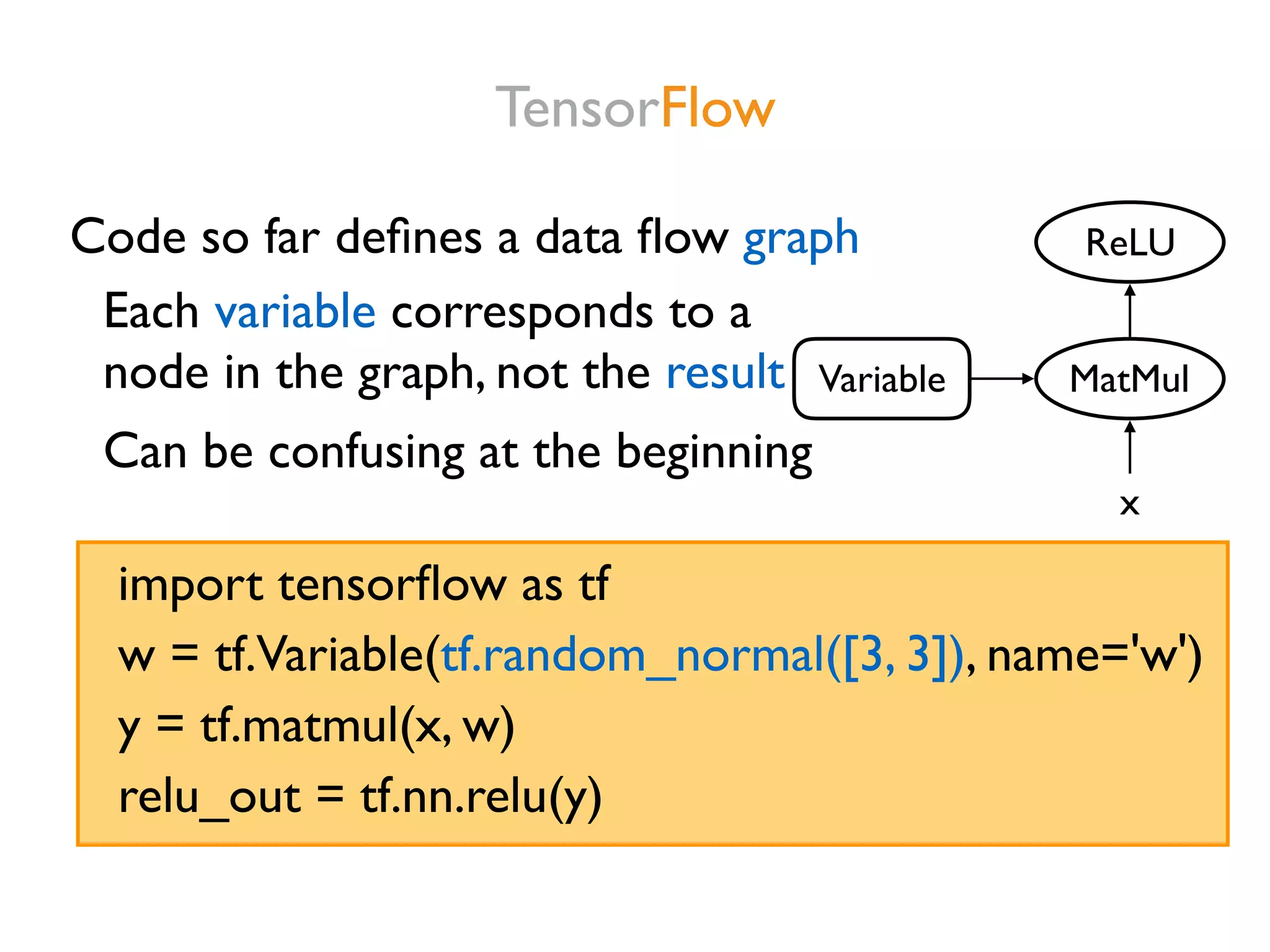 TensorFlow Code so far deﬁnes a data ﬂow graph MatMul ReLU Variable x w = tf.Variable(tf.random_normal([3, 3]), name='w') import tensorﬂow as tf y = tf.matmul(x, w) relu_out = tf.nn.relu(y) Each variable corresponds to a node in the graph, not the result Can be confusing at the beginning 