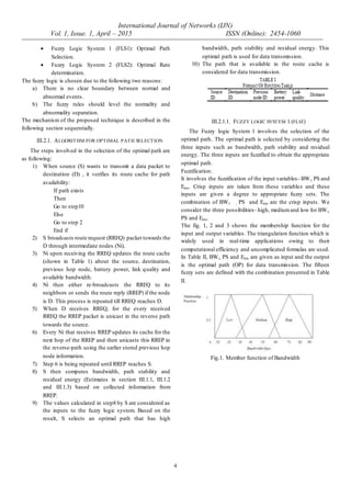 International Journal of Networks (IJN)
Vol. 1, Issue. 1, April – 2015 ISSN (Online): 2454-1060
4
 Fuzzy Logic System 1 (FLS1): Optimal Path
Selection.
 Fuzzy Logic System 2 (FLS2): Optimal Rate
determination.
The fuzzy logic is chosen due to the following two reasons:
a) There is no clear boundary between normal and
abnormal events.
b) The fuzzy rules should level the normality and
abnormality separation.
The mechanism of the proposed technique is described in the
following section sequentially.
III.2.1. ALGORITHM FOR OPTIMAL PATH SELECTION
The steps involved in the selection of the optimal path are
as following:
1) When source (S) wants to transmit a data packet to
destination (D) , it verifies its route cache for path
availability:
If path exists
Then
Go to step10
Else
Go to step 2
End if
2) S broadcasts route request (RREQ) packet towards the
D through intermediate nodes (Ni).
3) Ni upon receiving the RREQ updates the route cache
(shown in Table 1) about the source, destination,
previous hop node, battery power, link quality and
available bandwidth.
4) Ni then either re-broadcasts the RREQ to its
neighbors or sends the route reply (RREP) if the node
is D. This process is repeated till RREQ reaches D.
5) When D receives RREQ, for the every received
RREQ the RREP packet is unicast in the reverse path
towards the source.
6) Every Ni that receives RREP updates its cache for the
next hop of the RREP and then unicasts this RREP in
the reverse-path using the earlier stored previous hop
node information.
7) Step 6 is being repeated until RREP reaches S.
8) S then computes bandwidth, path stability and
residual energy (Estimates in section III.1.1, III.1.2
and III.1.3) based on collected information from
RREP.
9) The values calculated in step8 by S are considered as
the inputs to the fuzzy logic system. Based on the
result, S selects an optimal path that has high
bandwidth, path stability and residual energy. This
optimal path is used for data transmission.
10) The path that is available in the route cache is
considered for data transmission.
III.2.1.1. FUZZY LOGIC SYSTEM 1 (FLS1)
The Fuzzy logic System 1 involves the selection of the
optimal path. The optimal path is selected by considering the
three inputs such as bandwidth, path stability and residual
energy. The three inputs are fuzzified to obtain the appropriate
optimal path.
Fuzzification:
It involves the fuzzification of the input variables- BWr, PS and
Eres. Crisp inputs are taken from these variables and these
inputs are given a degree to appropriate fuzzy sets. The
combination of BWr , PS and Eres are the crisp inputs. We
consider the three possibilities- high, mediumand low for BWr,
PS and Eres.
The fig. 1, 2 and 3 shows the membership function for the
input and output variables. The triangulation function which is
widely used in real-time applications owing to their
computational efficiency and uncomplicated formulas are used.
In Table II, BWr, PS and Eres are given as input and the output
is the optimal path (OP) for data transmission. The fifteen
fuzzy sets are defined with the combination presented in Table
II.
Fig.1. Member function of Bandwidth
 